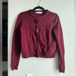 Zara 100% Wool Cropped Cardigan Burgundy Fall Coquette Academia M Old Money